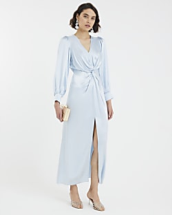 Blue Satin Long Sleeve Twist Front Maxi Dress