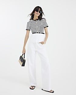 Cream Striped Short Sleeve Belted Cardigan