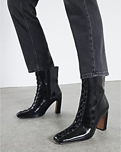 Black Lace Up Heeled Boots