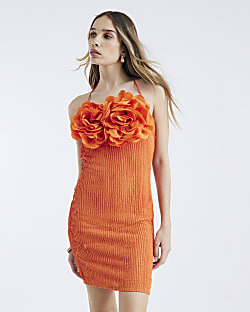 Orange Corsage Halter Neck Mini Dress