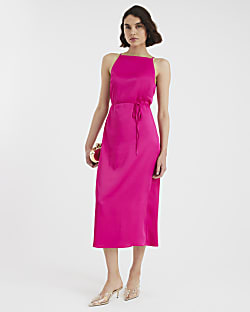 Pink Satin Tie Waist Slip Dress