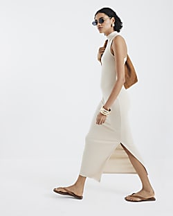 Beige Sleeveless Twist Ribbed Maxi Dress