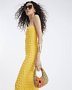 Yellow Textured Bandeau Midi Dress