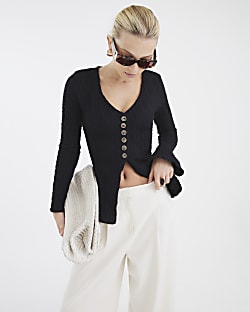 Black Long Sleeve Textured Button Top