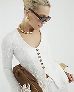 Cream Long Sleeve Textured Buttoned Top