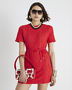 Red Short Sleeve Textured T-shirt Dress