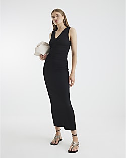 Black Sleeveless Ruched Textured Midi Dress