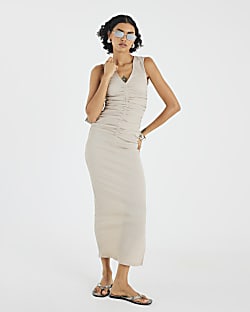 Beige Sleeveless Ruched Textured Midi Dress