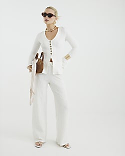 Cream Textured Wide Leg Trousers