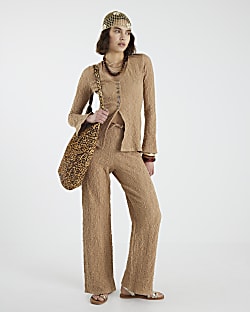 Beige Textured Wide Leg Trousers