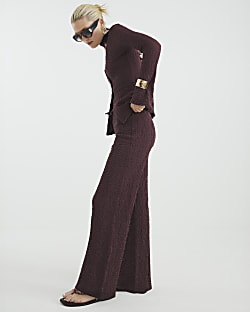 Purple Textured Wide Leg Trousers
