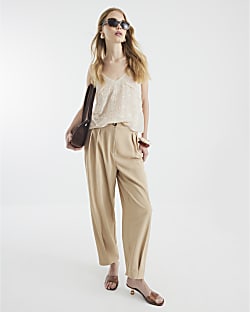 Beige Pleat Front Straight Leg Trousers