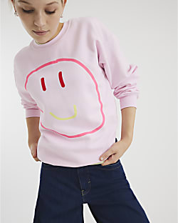 Pink Long Sleeve Smiley Face Sweatshirt
