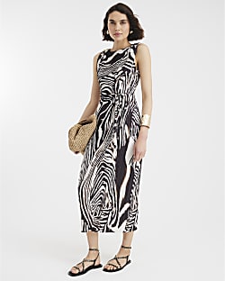 Black Zebra Print Plisse Midi Dress