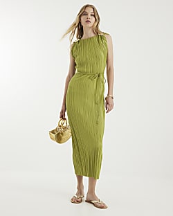 Green Sleeveless Plisse Belted Midi Dress