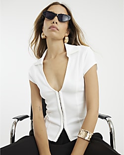 White Short Sleeve Hook and Eye Polo Shirt