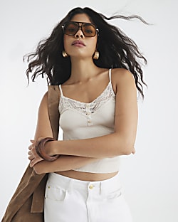 Cream Sleeveless Lace Trim Ribbed Cami Top