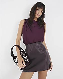 Red Faux Leather Pocket Detail Mini Skirt