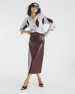 Red Faux Leather Belted Wrap Midi Skirt
