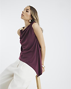Red Sleeveless Shell Trim Drape Top