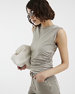 Grey Sleeveless Ruched Side Top