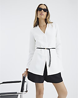 White Long Sleeve Belted Blazer