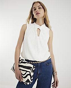 Cream Sleeveless Knot Detail Plisse Top
