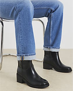 Black Block Heel Calf Height Boots