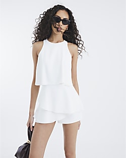 White Sleeveless Frill Layered Playsuit