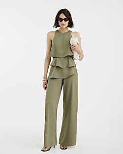 Khaki Layered Wide Leg Jumpsuit