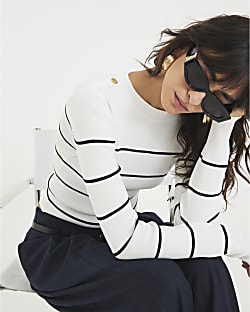 Cream Knit Striped Long sleeve Top