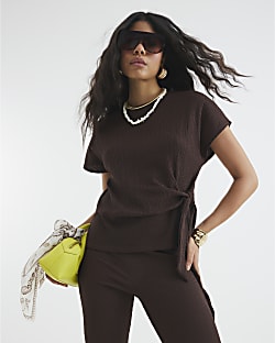 Brown Textured Tie Waist T-Shirt
