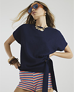 Navy Short Sleeve Textured Tie Waist T-shirt