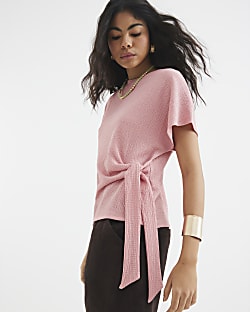 Pink Short Sleeve Tie Detail Textured Top