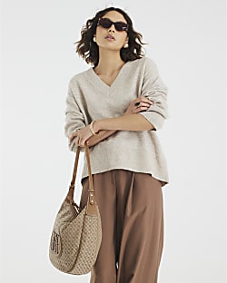 Beige Knitted V Neck Jumper