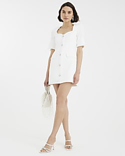White Sweetheart Neckline Button Mini Dress