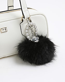 Black Faux Fur Pompom Diamante Bag Charm