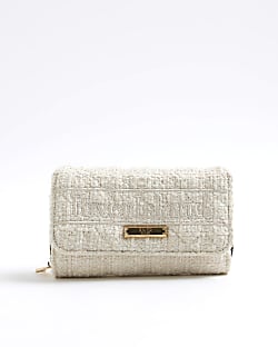 Cream Boucle Fold Over Flap Zip Around Purse