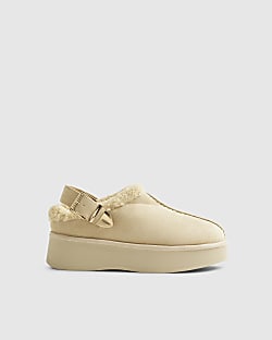 Beige Faux Fur Lined Buckle Mules