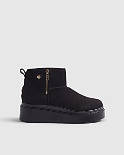 Black Side Zip Faux Fur Lined Wedge Boots