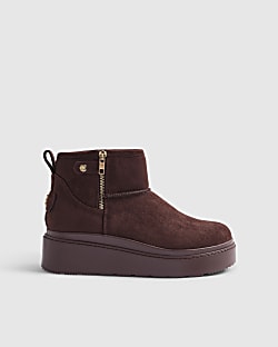 Brown Side Zip Faux Fur Lined Wedge Boots