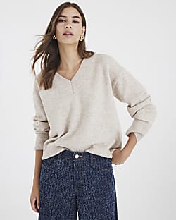 Beige V Neck Jumper
