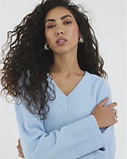 Blue V-Neck Knitted Jumper