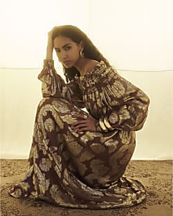 Brown Ruffled Gold Detail Bardot Maxi Dress