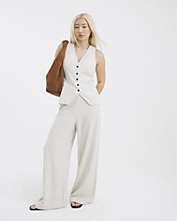 Stone Stripe Linen Blend Wide Leg Trousers