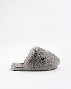 Grey Faux Fur Mule Slippers