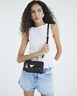 Black Metal Handle Quilted Tote Bag
