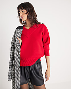 Red Knitted V Neck Jumper