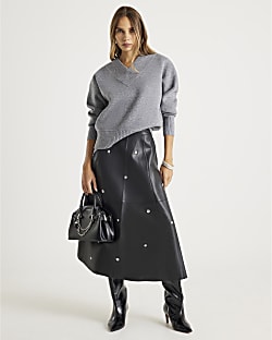 Grey Knitted V Neck Jumper