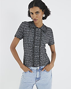Grey Button Detail Boucle Collared Top